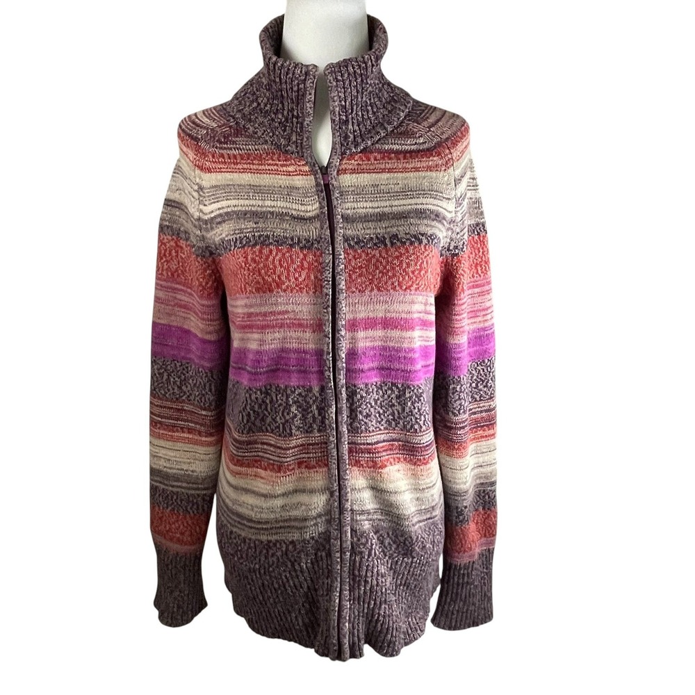 Eddie Bauer Women's M Striped Knit Zip Front Sweater Jacket Stand Collar